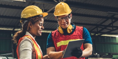 two manufacturing worker reviewing daily plans