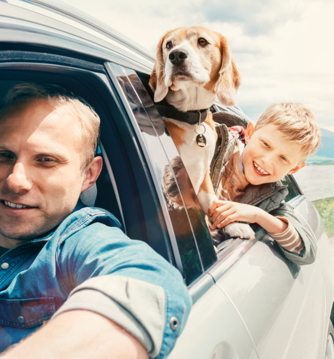 dad driving with window rolled down, son and dog in back seat both sticking heads out the car window