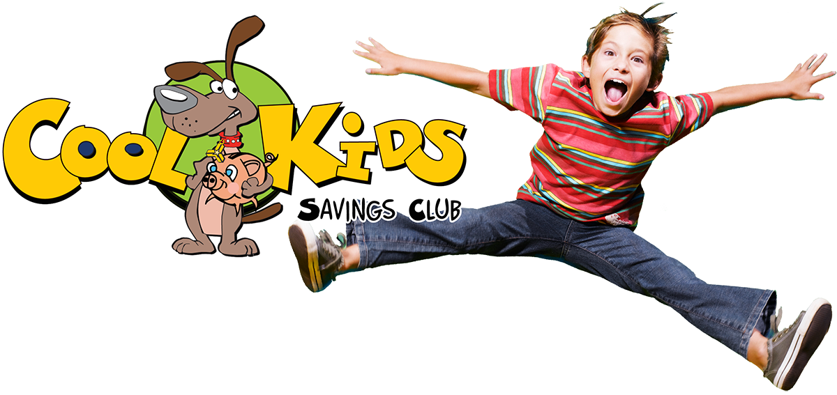 cool kids savings club with little boy jumping pose