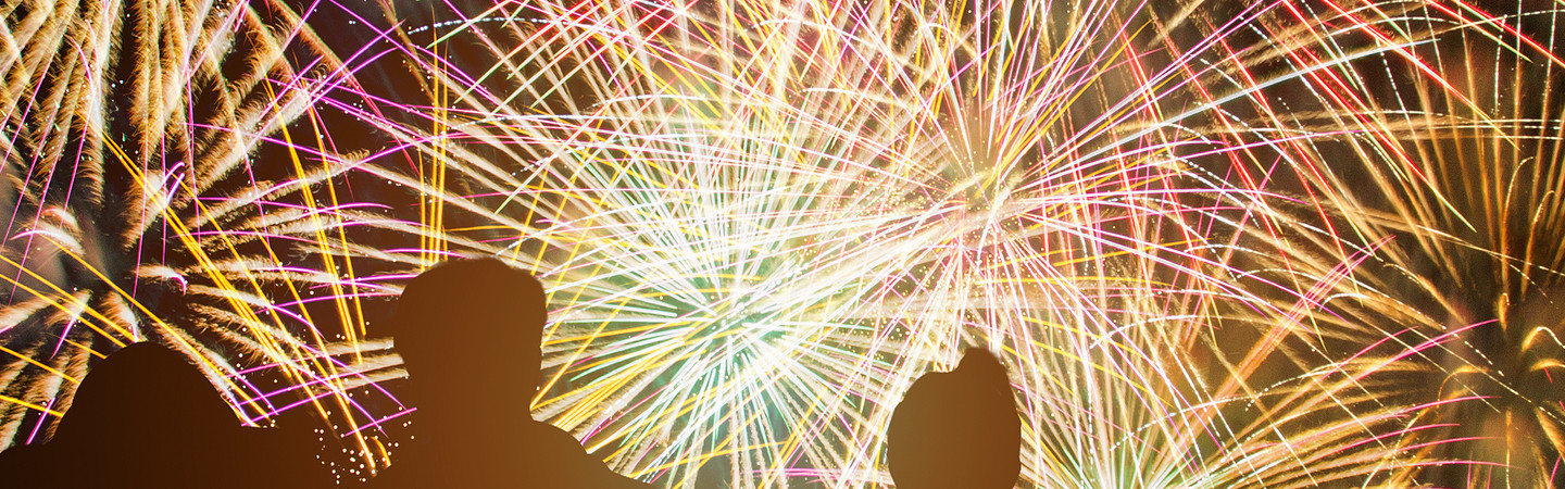 Fireworks lighting up sky with silhouettes of people watching