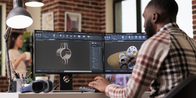 Man sitting at computer designing parts for manufacturing